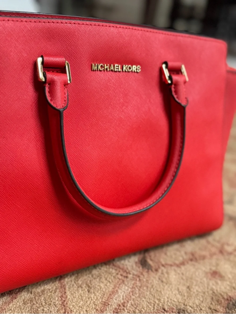 Michael Kors Red Saffiano Leather Satchel Bag with Strap